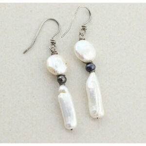 Sterling Silver White and Black Pearl Earrings Dangle Drop Earrings